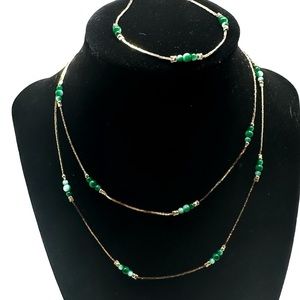 Necklace & Bracelet Set Gold Tone & Green Round Stone 30” Necklace Bracelet